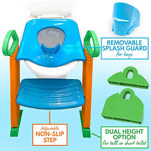 Potty Training Seat Toilet w/Step Stool Ladder & Splash Guard, Kids Toddlers Trainer w/Handles. Sturdy & Foldable. Non-Slip Steps & Anti Slip Pads. Adjustable Potty Chair - Boys Girls Baby (Blue)