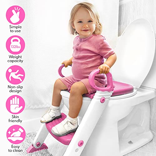 Potty Training Seat with Step Stool Ladder, Alayna Potty Training Toilet for Kids Boys Girls Toddlers Baby-Comfortable Safe Foldable Adjustable Potty Seat Trainer with Anti-Slip Pads Ladder