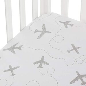 andi mae crib sheet - grey airplanes - 100% jersey cotton - fits standard crib or toddler mattresses