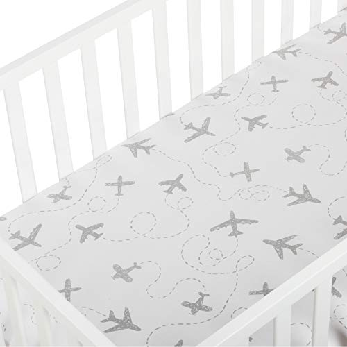 Andi Mae Crib Sheet - Grey Airplanes - 100% Jersey Cotton - Fits Standard Crib or Toddler Mattresses