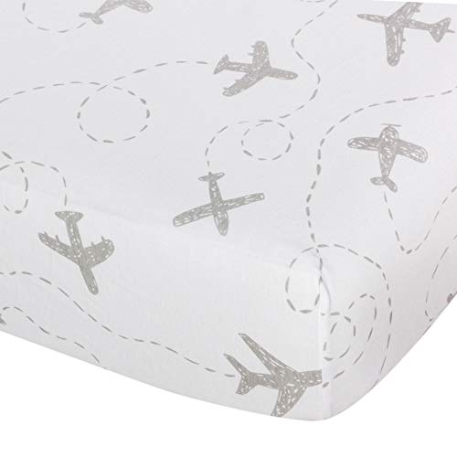 Andi Mae Crib Sheet - Grey Airplanes - 100% Jersey Cotton - Fits Standard Crib or Toddler Mattresses