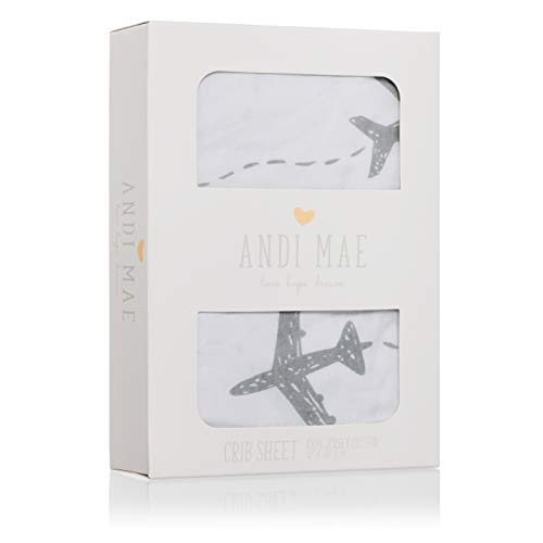 Andi Mae Crib Sheet - Grey Airplanes - 100% Jersey Cotton - Fits Standard Crib or Toddler Mattresses