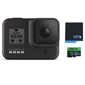 gopro hero8 black waterproof action camera with touch screen 4k ultra hd video 12mp photos 1080p live with accessory bundle - 1 additional gopro usa batteries + pny 64gb u3 microsdhc card