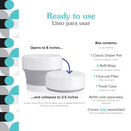 PurePail Go Portable Diaper Pail — White — Superior Odor Control with No Added Fragrance — Collapses for On-The-Go — Compact & Space-Saving