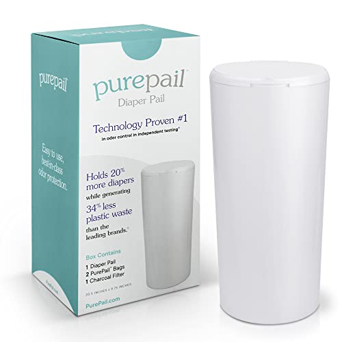 PurePail Classic Diaper Pail – White, Blocks Odors with No Added Fragrance, Holds 20% More Diapers & Generates Less Waste, No Cutting, No Canisters, Includes 1 Pail + 2 Refill Bags + 1 Charcoal Filter