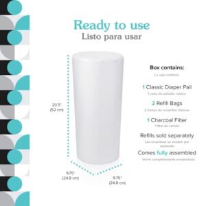 PurePail Classic Diaper Pail – White, Blocks Odors with No Added Fragrance, Holds 20% More Diapers & Generates Less Waste, No Cutting, No Canisters, Includes 1 Pail + 2 Refill Bags + 1 Charcoal Filter