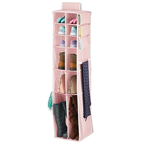 mDesign Long Soft Fabric Over Closet Rod Hanging Storage Organizer with 12 Divided Shelves, Side Pockets for Child/Kids Room or Nursery, Store Diapers, Wipes, Lotions, Toys - Pink/White