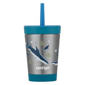 contigo kids spill-proof tumbler with leak-proof lid and straw, 12oz vacuum-insulated stainless steel bpa-free water bottle, fits most cup holders & dishwasher safe, gummy/sharks