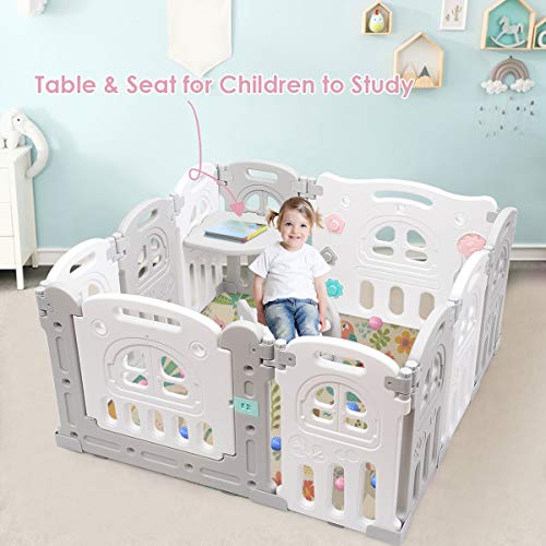 Costzon Baby Playpen 10-Panel Foldable Kids Play Yard, Indoor Outdoor Portable Baby Fence w/Additional Table Panels, Seat Stool, Lockable Gate & Educational Toys, Adjustable Shape (10-Panel)