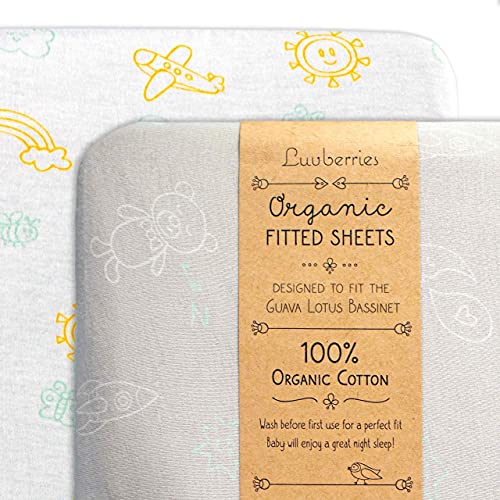 Luvberries 100% Organic Cotton Bassinet Sheets (Set of 2) for The Guava Lotus Travel Bassinet - Baby and Newborn, Fitted Bassinet Sheets, for Boys & Girls (Day and Night)