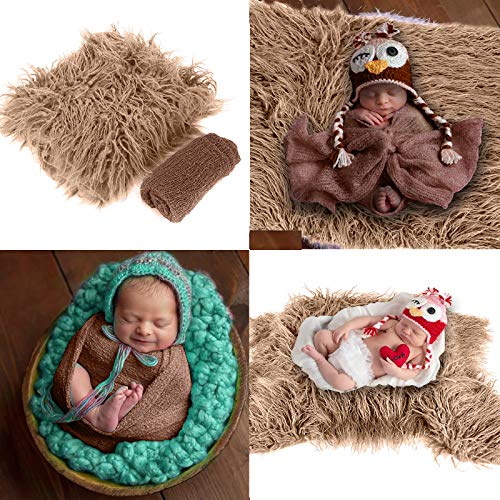 Yuehuam Newborn Baby Photo Props, Fluffy Blanket+ Ripple Wrap Set Toddler Photography Wrap Mat DIY Baby Photoshoot- Khaki