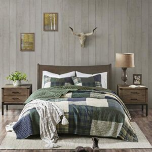 woolrich mill creek reversible quilt set - cottage styling reversed to solid color, all season lightweight coverlet, cozy bedding layer, matching shams, oversized full/queen, plaid green 3 piece