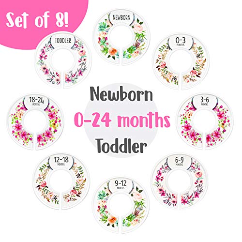 Baby Closet Dividers (Floral) by Eli with Love – Set of 8 Baby Closet Size Dividers for Girls – Ideal Baby Clothes Dividers for Closet – Helps Organize Nursery Closet Hangers by Size/Age