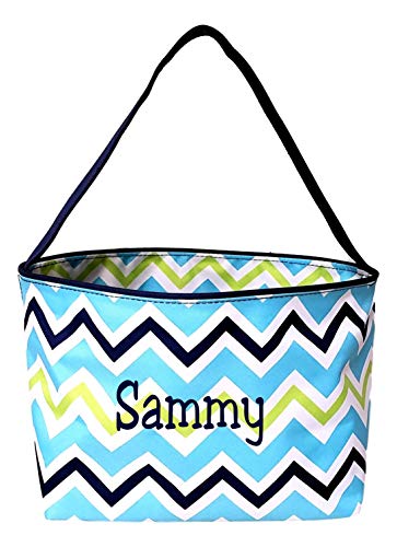 Zig Zag Chevron Material Easter Basket Bucket for Toys Egg Hunting Party (Blue Chevron with Embroidered Name)