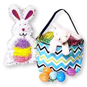 Zig Zag Chevron Material Easter Basket Bucket for Toys Egg Hunting Party (Blue Chevron with Embroidered Name)