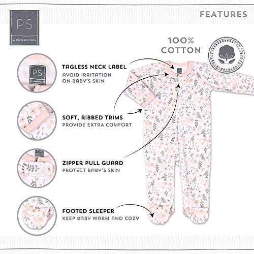 The Peanutshell Flowers & Stars 3 Pack Footed Sleepers for Baby Girls (Newborn) Pink