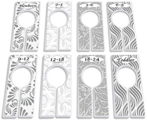 closet dividers for baby clothes by yardiebaby - set of 8 baby clothing size age hanger dividers from newborn infant to toddler months boys/girls nursery closet organizer (neutral)