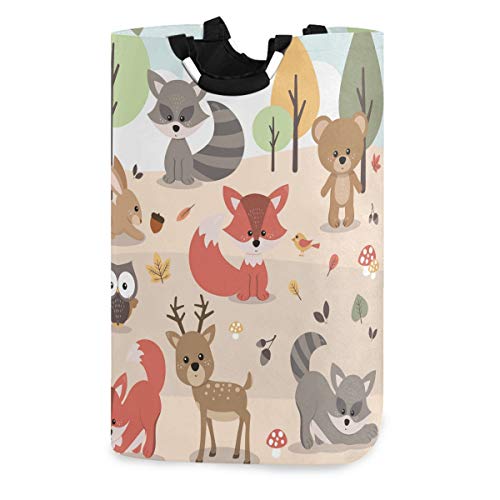 OREZI Cute Woodland Forest Animals Deer Rabbit Bear Fox Raccoon Bird Owl Laudry Hamper,Waterproof and Foldable Laundry Bag for Storage Dirty Clothes Toys in Bedroom,Bathroom Dorm Room