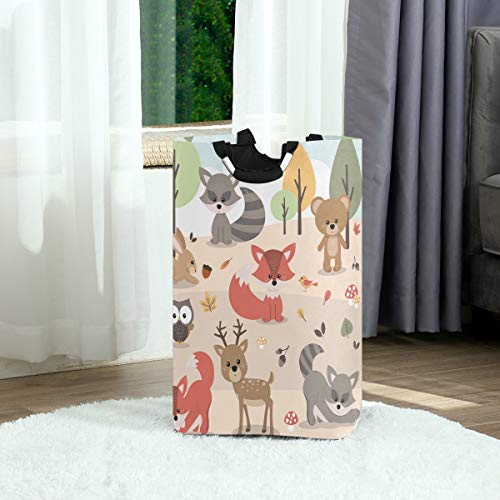 OREZI Cute Woodland Forest Animals Deer Rabbit Bear Fox Raccoon Bird Owl Laudry Hamper,Waterproof and Foldable Laundry Bag for Storage Dirty Clothes Toys in Bedroom,Bathroom Dorm Room