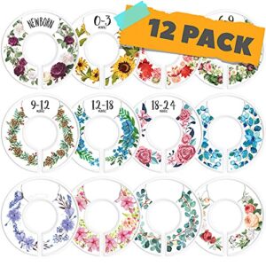 corrure baby closet size dividers - complete set of 12 closet dividers for baby clothes from newborn to 24 months - best nursery closet hanger organizer for baby boy or girl - ideal baby gift (floral)
