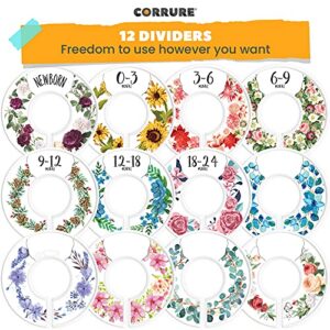 CORRURE Baby Closet Size Dividers - Complete Set of 12 Closet Dividers for Baby Clothes from Newborn to 24 Months - Best Nursery Closet Hanger Organizer for Baby Boy or Girl - Ideal Baby Gift (Floral)