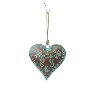 beachcombers b22221 metal patina heart with seahorses ornament, 9.5-inch high