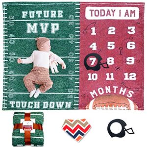 sukoon football milestone blanket for baby boy| includes frame and bib | large | 47"x40" | personalized monthly baby milestone blanket for newborn baby shower