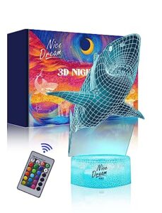 nice dream shark night light for kids, 3d illusion night lamp, 16 colors changing with remote control, room decor, gifts for children boys girls