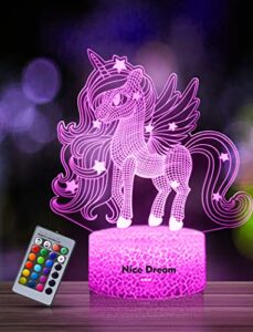 nice dream unicorn night light for kids, 3d night lamp, 16 colors changes with remote control, room decor, gifts for children girls