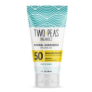 two peas organics - all natural organic spf 50 sunscreen lotion - coral reef safe - baby, kid & family friendly - chemical free mineral based formula - waterproof & unscented – 3oz