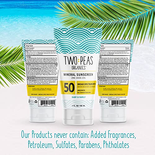 Two Peas Organics - All Natural Organic SPF 50 Sunscreen Lotion - Coral Reef Safe - Baby, Kid & Family Friendly - Chemical Free Mineral Based Formula - Waterproof & Unscented – 3oz