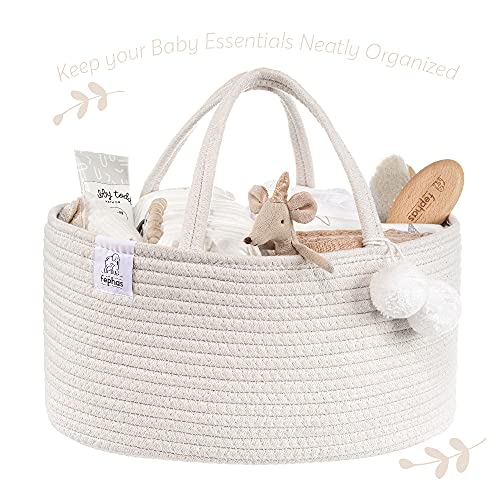 fephas Baby Diaper Caddy Organizer- Off White Rope Nursery Storage Bin- Portable Diaper Storage Basket for Changing Table and Car- Perfect Baby Shower & Registry Gift