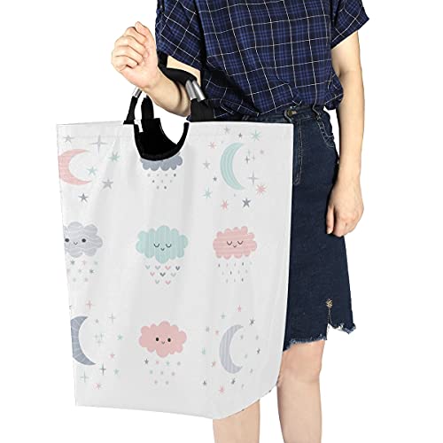 OREZI Smiling Clouds Moon Stars Laundry Hamper,Waterproof and Foldable Laundry Bag with Handles for Baby Nursery College Dorms Kids Bedroom Bathroom