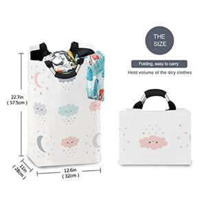 OREZI Smiling Clouds Moon Stars Laundry Hamper,Waterproof and Foldable Laundry Bag with Handles for Baby Nursery College Dorms Kids Bedroom Bathroom