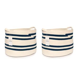 chloe and cotton woven cube storage baskets with handles | set of 2 | cute decorative bins for shelves, bookcases, cubbies, & organizing containers | navy white