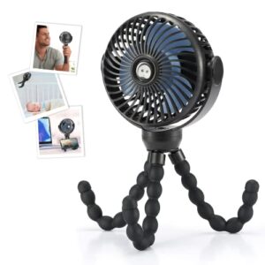 snawowo upgraded portable baby stroller fan, 360°rotate rechargeable mini clip on fan with flexible tripod for stroller treadmill crib car seat travel, 4000mah battery powered handheld fan (black)