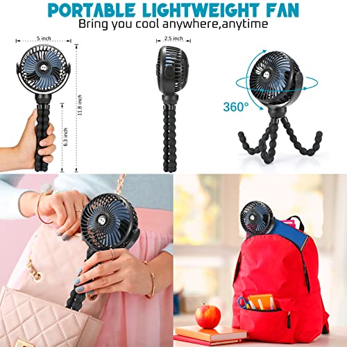 snawowo Upgraded Portable Baby Stroller Fan, 360°Rotate Rechargeable Mini Clip on Fan with Flexible Tripod for Stroller Treadmill Crib Car Seat Travel, 4000mAh Battery Powered Handheld Fan (Black)