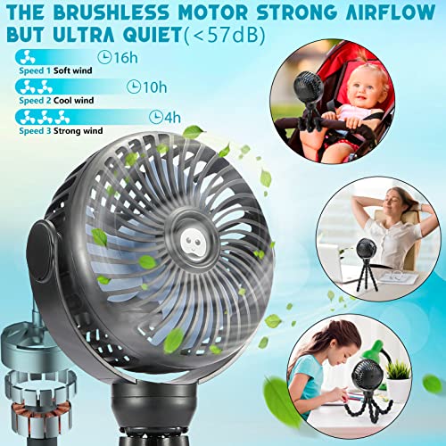 snawowo Upgraded Portable Baby Stroller Fan, 360°Rotate Rechargeable Mini Clip on Fan with Flexible Tripod for Stroller Treadmill Crib Car Seat Travel, 4000mAh Battery Powered Handheld Fan (Black)