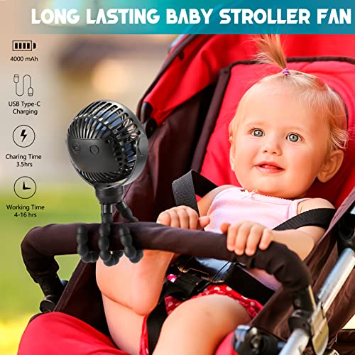 snawowo Upgraded Portable Baby Stroller Fan, 360°Rotate Rechargeable Mini Clip on Fan with Flexible Tripod for Stroller Treadmill Crib Car Seat Travel, 4000mAh Battery Powered Handheld Fan (Black)