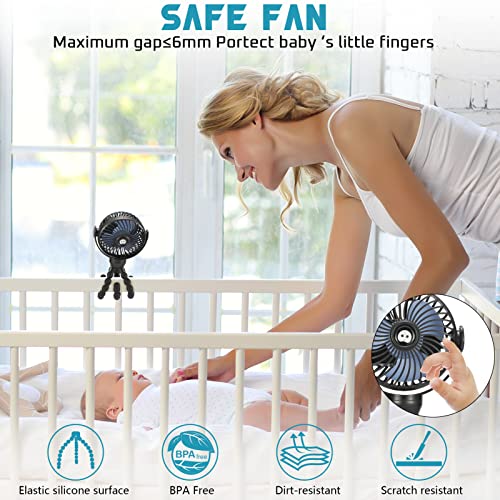 snawowo Upgraded Portable Baby Stroller Fan, 360°Rotate Rechargeable Mini Clip on Fan with Flexible Tripod for Stroller Treadmill Crib Car Seat Travel, 4000mAh Battery Powered Handheld Fan (Black)