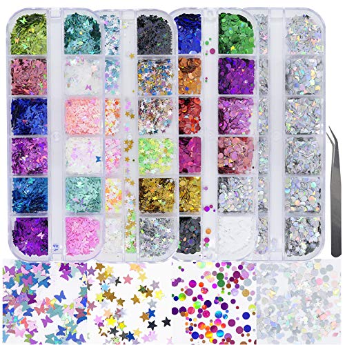 AddFavor 4 Boxes Holographic Nail Sequins Shapes Mixed Iridescent Nail Glitter Flakes Butterfly Hearts Star DIY Design Manicure Decorations Sets for Nail Art/Craft/Makeup (Style A)