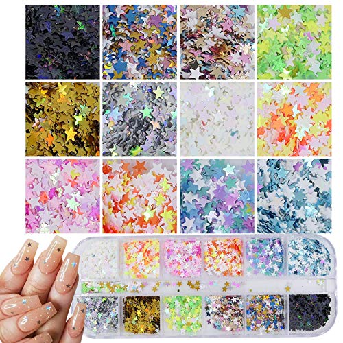 AddFavor 4 Boxes Holographic Nail Sequins Shapes Mixed Iridescent Nail Glitter Flakes Butterfly Hearts Star DIY Design Manicure Decorations Sets for Nail Art/Craft/Makeup (Style A)