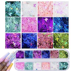 AddFavor 4 Boxes Holographic Nail Sequins Shapes Mixed Iridescent Nail Glitter Flakes Butterfly Hearts Star DIY Design Manicure Decorations Sets for Nail Art/Craft/Makeup (Style A)