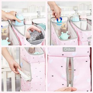 Orzbow 3-in-1 Nursery Organizer and Baby Diaper Caddy | Hanging Diaper Organization Storage for Baby Essentials | Hang on Crib, Changing Table or Wall (Pink)