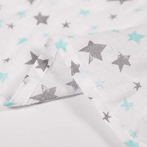 3 Pack Muslin Swaddle Blankets Girl Boy- Muslin Swaddle Blankets Boy - 100% Cotton - Large Size 47x47in - Soft Baby Muslin Blankets- Aqua/Grey Waves, Stars, Clouds, Rain