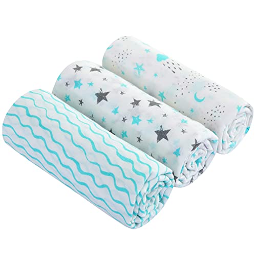 3 Pack Muslin Swaddle Blankets Girl Boy- Muslin Swaddle Blankets Boy - 100% Cotton - Large Size 47x47in - Soft Baby Muslin Blankets- Aqua/Grey Waves, Stars, Clouds, Rain