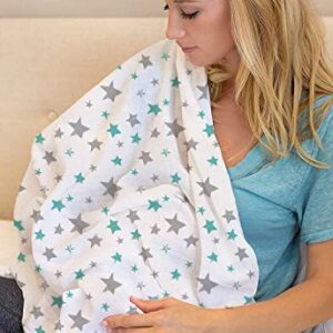 3 Pack Muslin Swaddle Blankets Girl Boy- Muslin Swaddle Blankets Boy - 100% Cotton - Large Size 47x47in - Soft Baby Muslin Blankets- Aqua/Grey Waves, Stars, Clouds, Rain