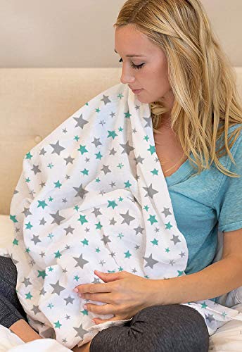 3 Pack Muslin Swaddle Blankets Girl Boy- Muslin Swaddle Blankets Boy - 100% Cotton - Large Size 47x47in - Soft Baby Muslin Blankets- Aqua/Grey Waves, Stars, Clouds, Rain