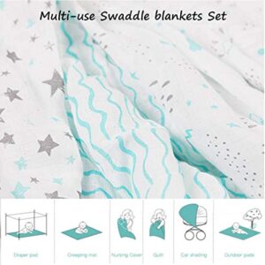 3 Pack Muslin Swaddle Blankets Girl Boy- Muslin Swaddle Blankets Boy - 100% Cotton - Large Size 47x47in - Soft Baby Muslin Blankets- Aqua/Grey Waves, Stars, Clouds, Rain