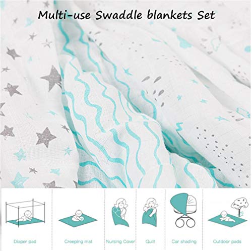 3 Pack Muslin Swaddle Blankets Girl Boy- Muslin Swaddle Blankets Boy - 100% Cotton - Large Size 47x47in - Soft Baby Muslin Blankets- Aqua/Grey Waves, Stars, Clouds, Rain